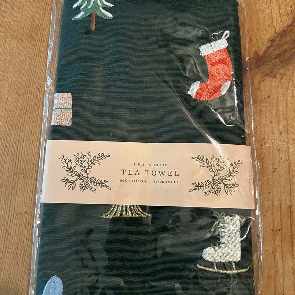 Rifle Paper Co. Holiday SIGNS OF THE SEASON Embroidered Tea Towel